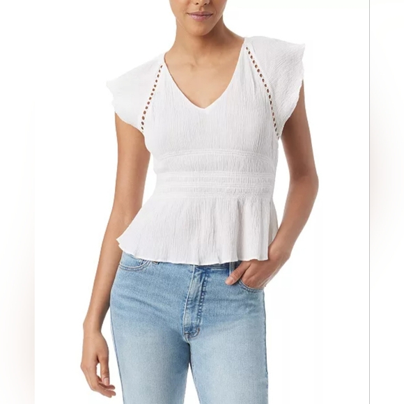 Sam Edelman Nyra Floral Flutter Sleeve Cotton Peplum Top - WHITE - SMALL - Picture 1 of 13
